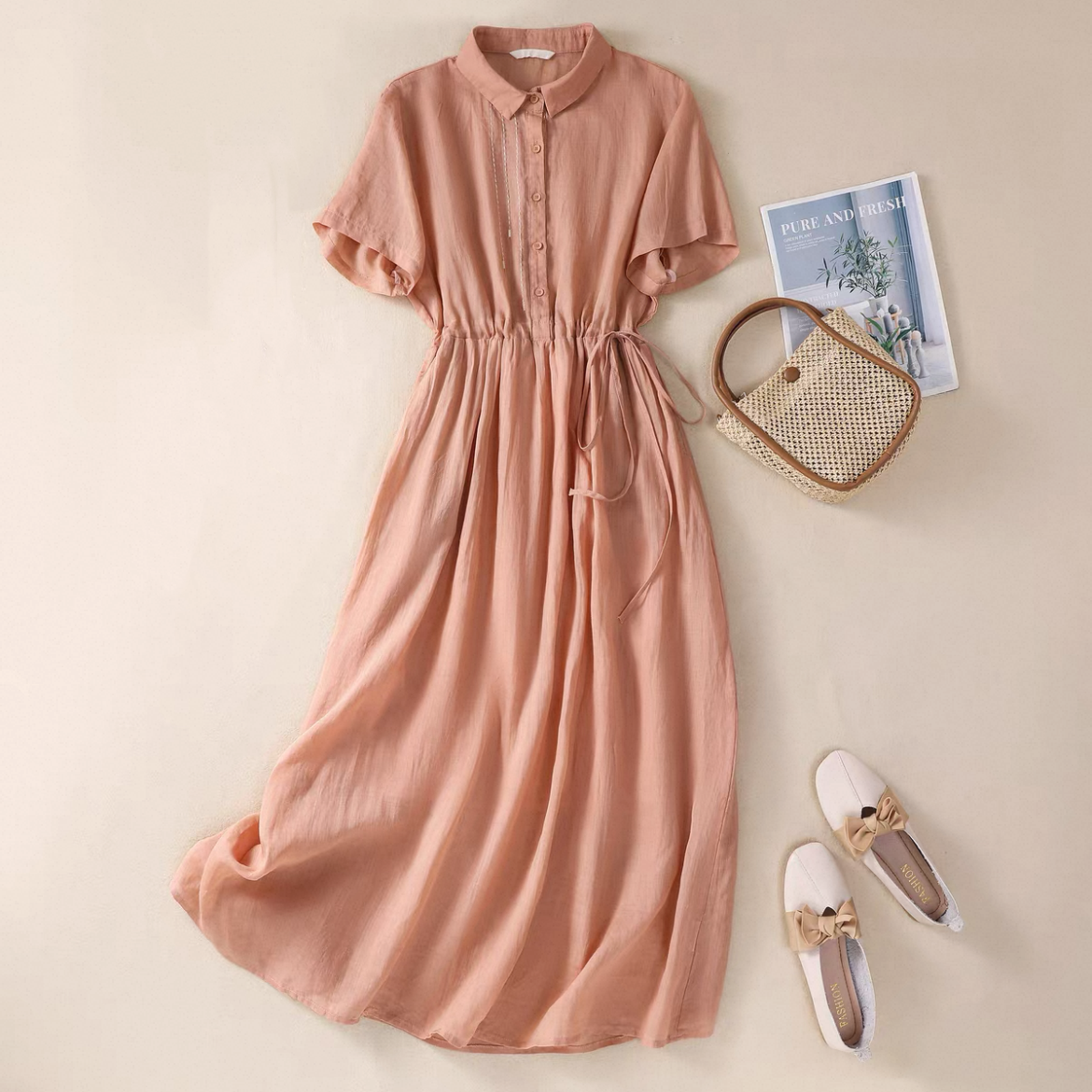 無地ワンピース、刺繍ワンピース、コットンリネン（綿麻）ワンピース、レディースワンピース、夏のワンピース