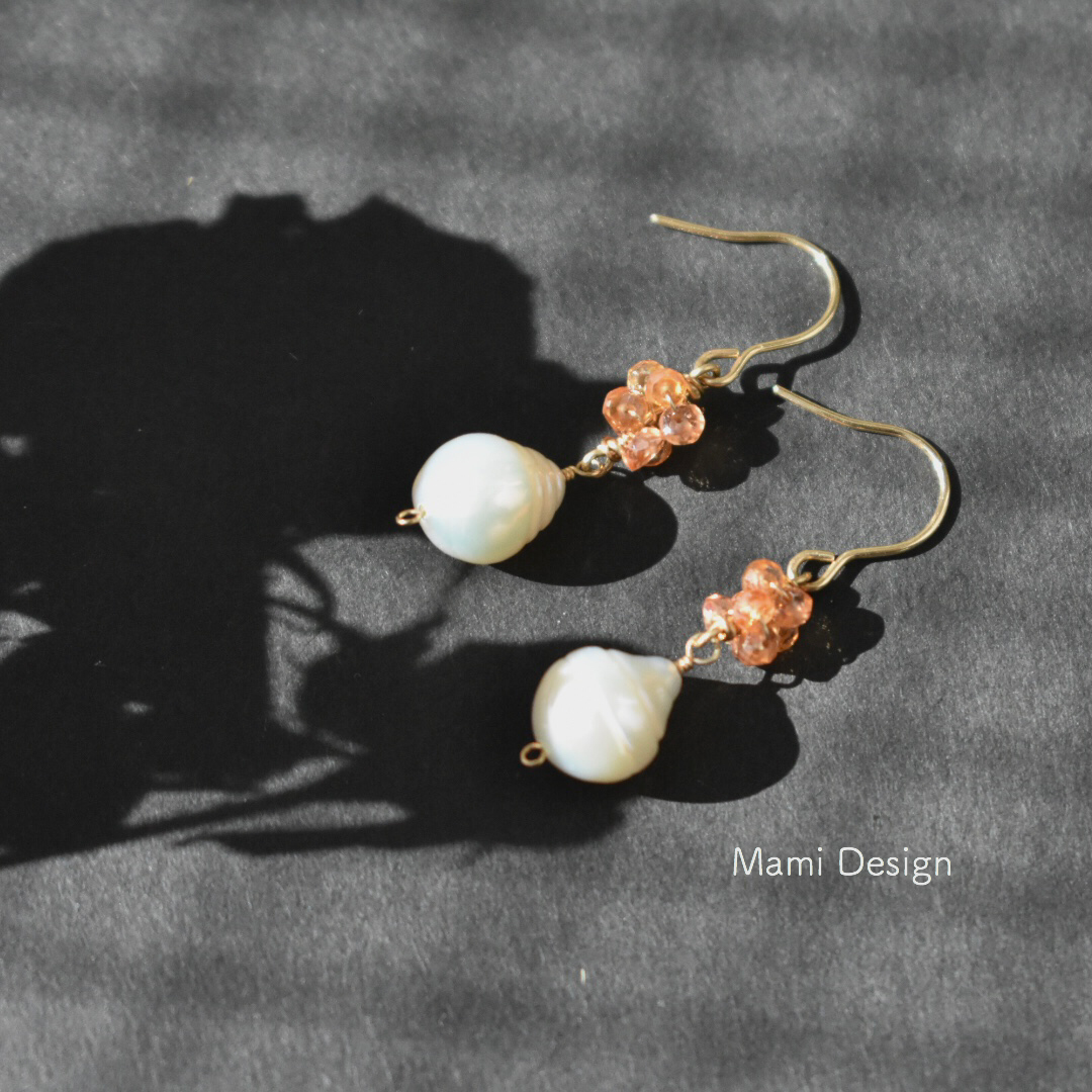 14KGF 淡水パールとオレンジサファイアのピアス