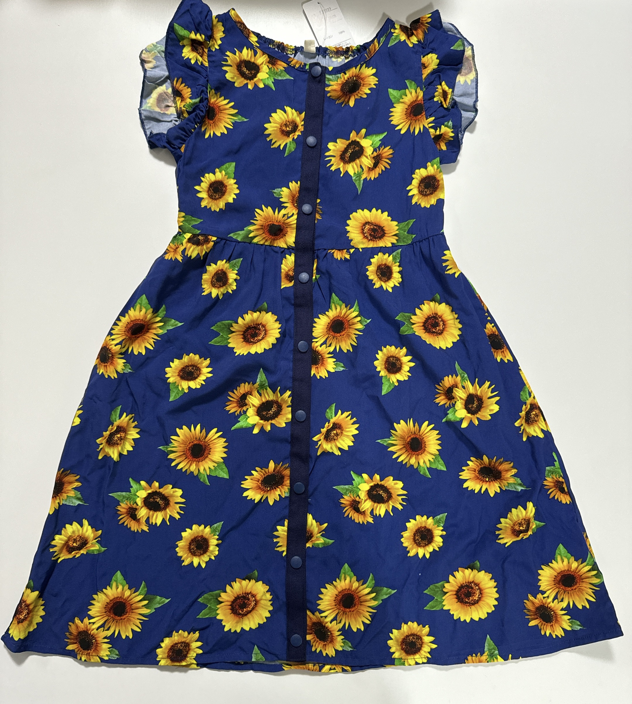 ひろ様専用YOKANGひまわり柄水玉ノースリーブワンピース 青と白の