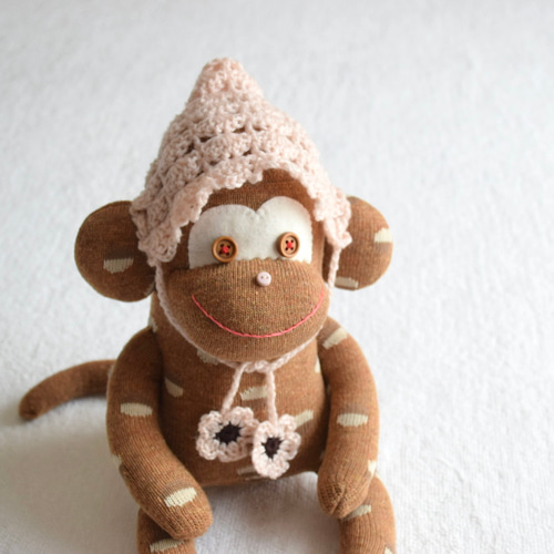 ソックモンキー 中サイズ ブラウン×ベビーピンクのボンネット 靴下