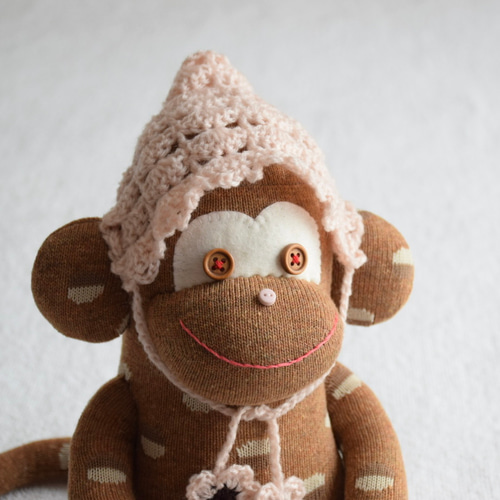 ソックモンキー 中サイズ ブラウン×ベビーピンクのボンネット 靴下