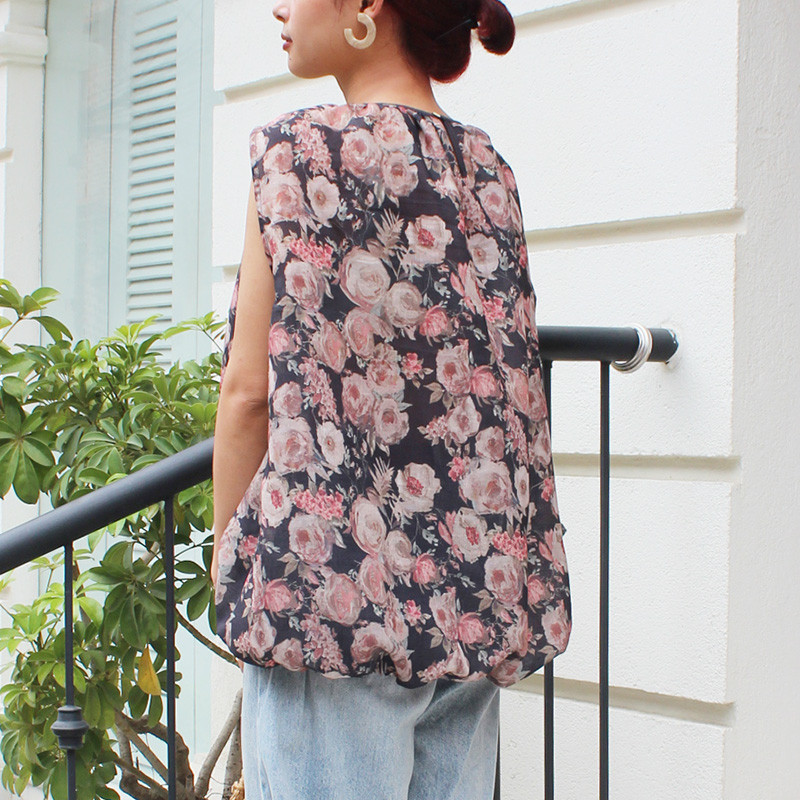 ◉真夏も涼しい◉マシュマロバルーンブラウス　ボタニカルリネン　グレーネイビー