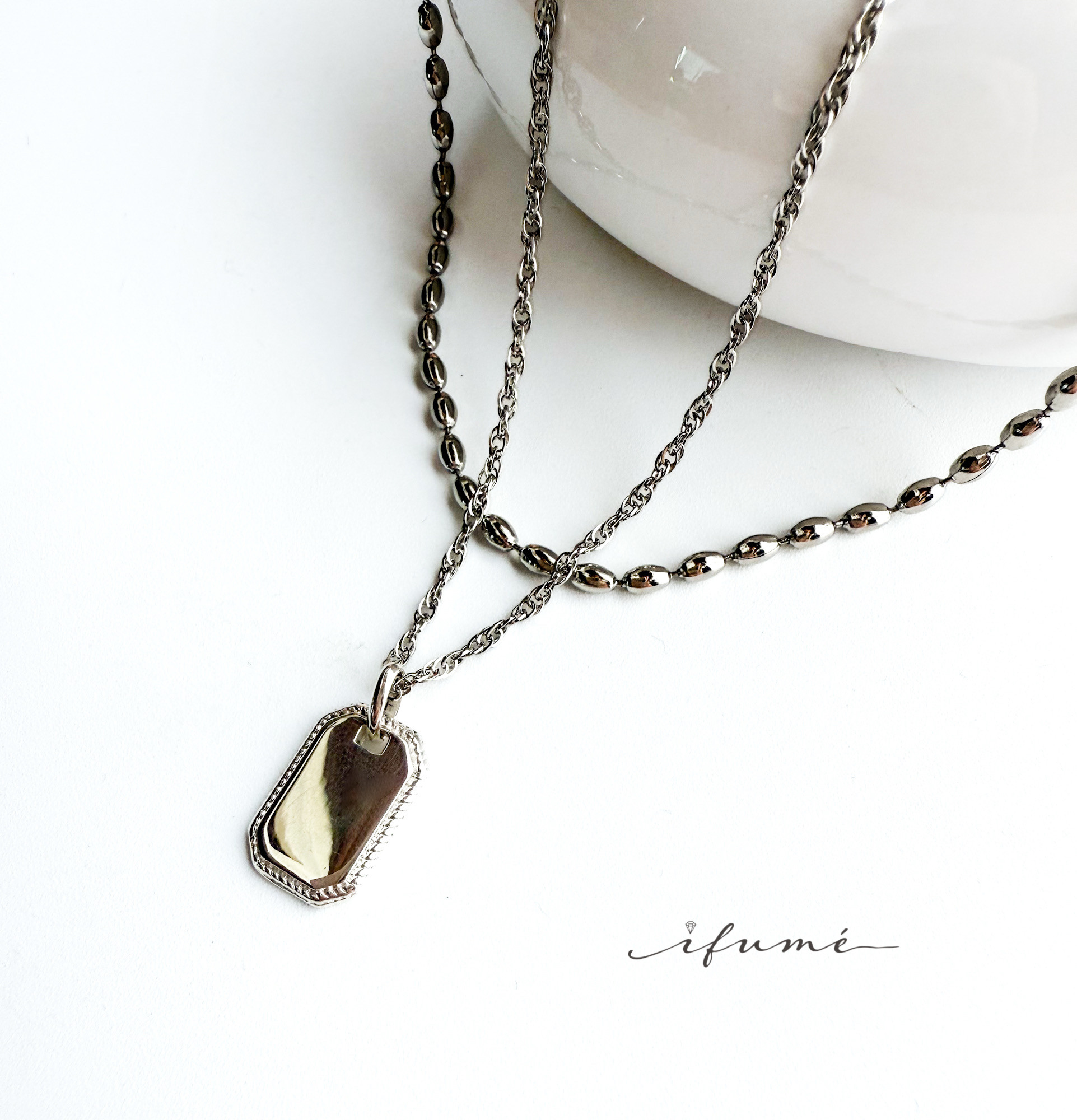 【ifumé】夏の福袋 SV925プレートネックレス&ライスボールネックレスセット サージカルステンレス