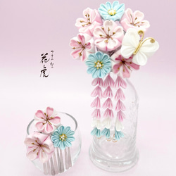 桜羽子板　髪飾り　七五三　ピンク　水色　お祝い　プレゼント　お雛祭り　節句　誕生祝い　蝶　桜　お雛様　つまみ細工　お正月 2枚目の画像