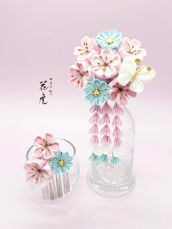桜羽子板　髪飾り　七五三　ピンク　水色　お祝い　プレゼント　お雛祭り　節句　誕生祝い　蝶　桜　お雛様　つまみ細工　お正月 2枚目の画像