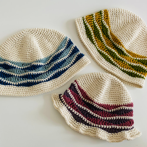 なみなみ模様のクロシェハット* バケットハット バケハ クラッシャー