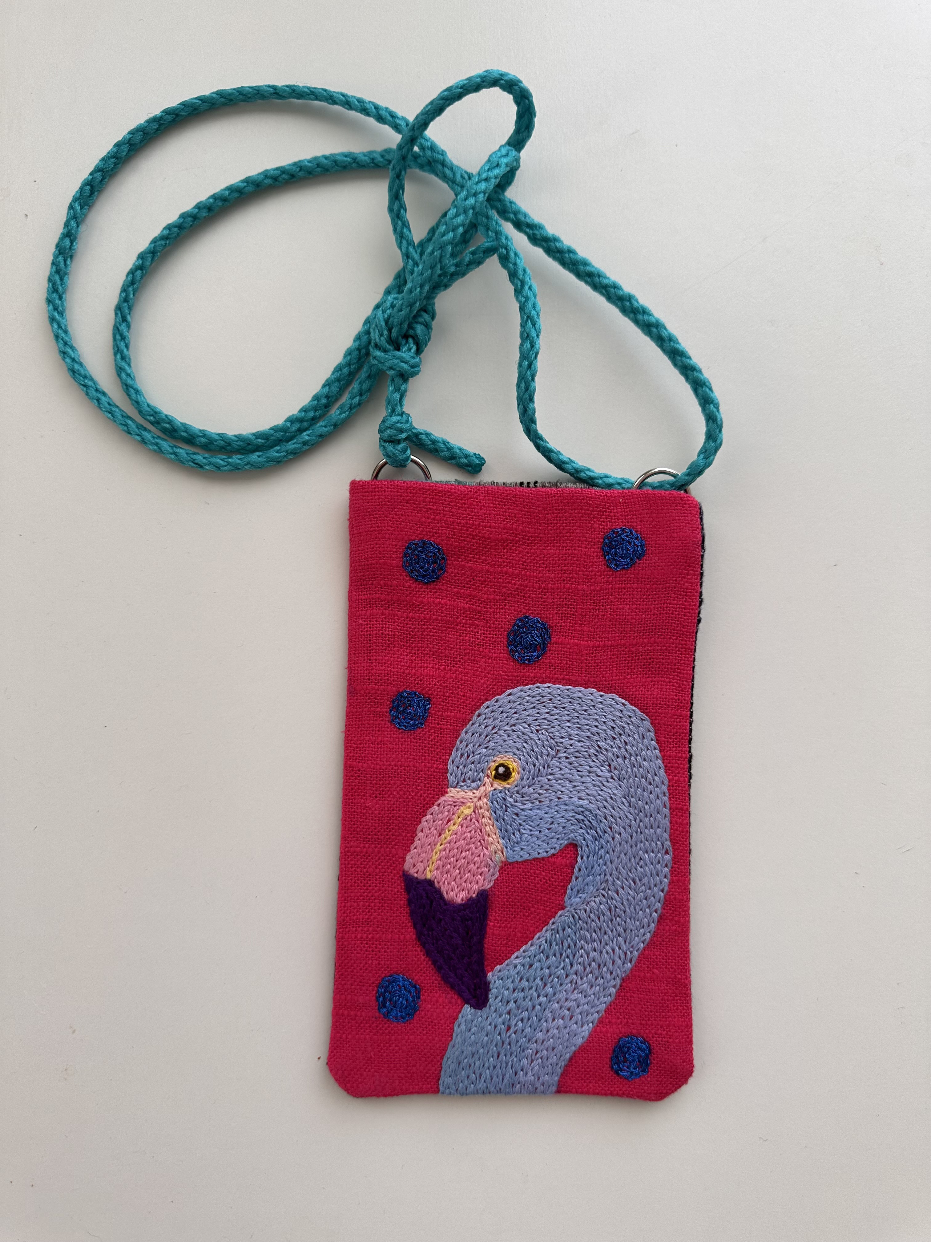 スマホポシェット　フラミンゴ　ブルー