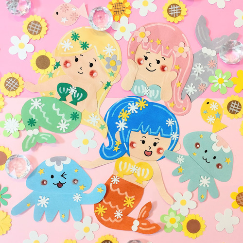 人魚 魚 クラゲ 夏 海 色紙 壁面 アルバム 飾り ～人魚姫とおしゃれ