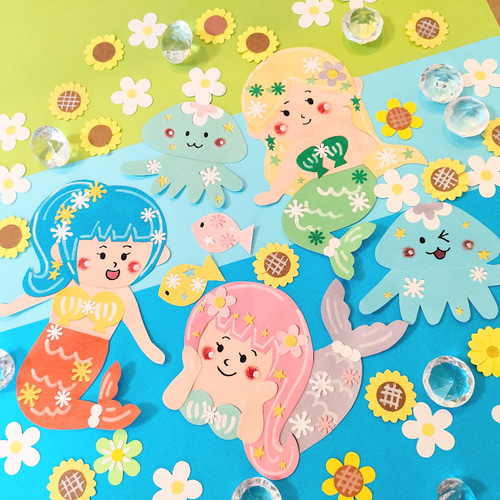 人魚 魚 クラゲ 夏 海 色紙 壁面 アルバム 飾り ～人魚姫とおしゃれ