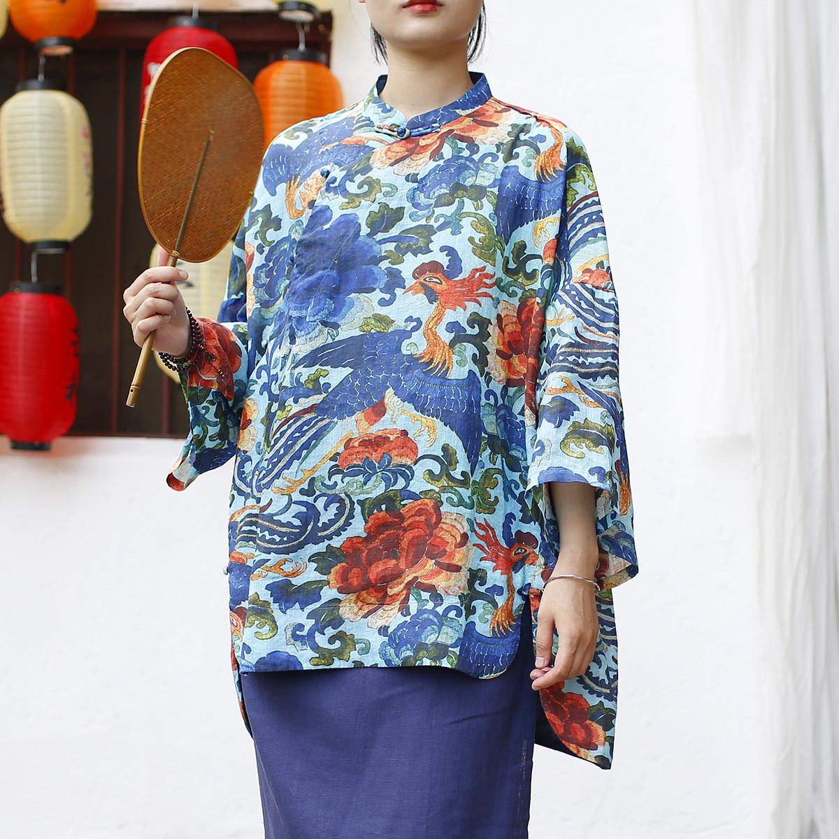 立襟  ヴィンテージ風   コブボタン   ラミー   プリント    シャツ   2539