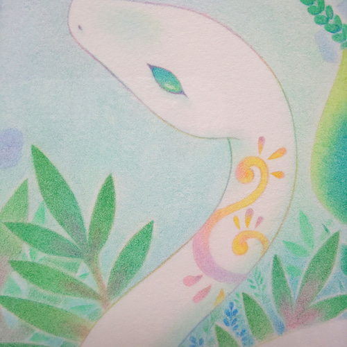 幻想神獣画A4原画販売：遠い森の虹の蛇：UVカット額縁付 絵画 梅