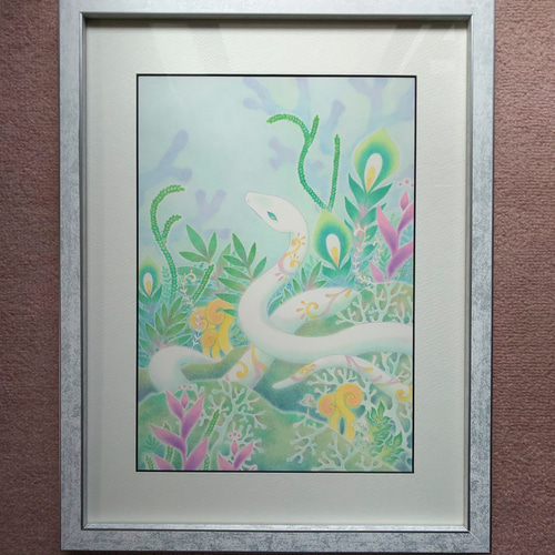 幻想神獣画A4原画販売：遠い森の虹の蛇：UVカット額縁付 絵画 梅