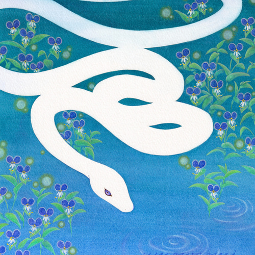 白蛇の絵 A4原画販売：【露草のほとり】：UVカット額縁付 絵画 梅和