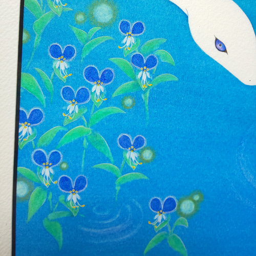 白蛇の絵 A4原画販売：【露草のほとり】：UVカット額縁付 絵画 梅和