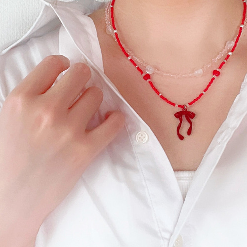 No.97【ネックレス】✧red ribbon necklace✧《ビーズ ネックレス