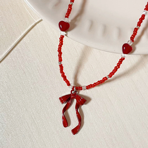 No.97【ネックレス】✧red ribbon necklace✧《ビーズ ネックレス