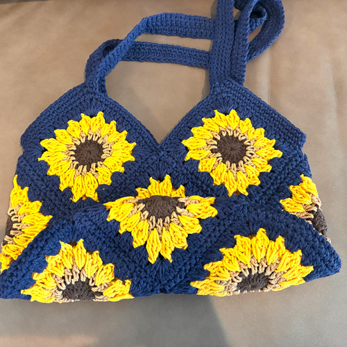 ひまわり 手編みバッグ かぎ針編み 夏 ブルー 長財布OK トートバッグ