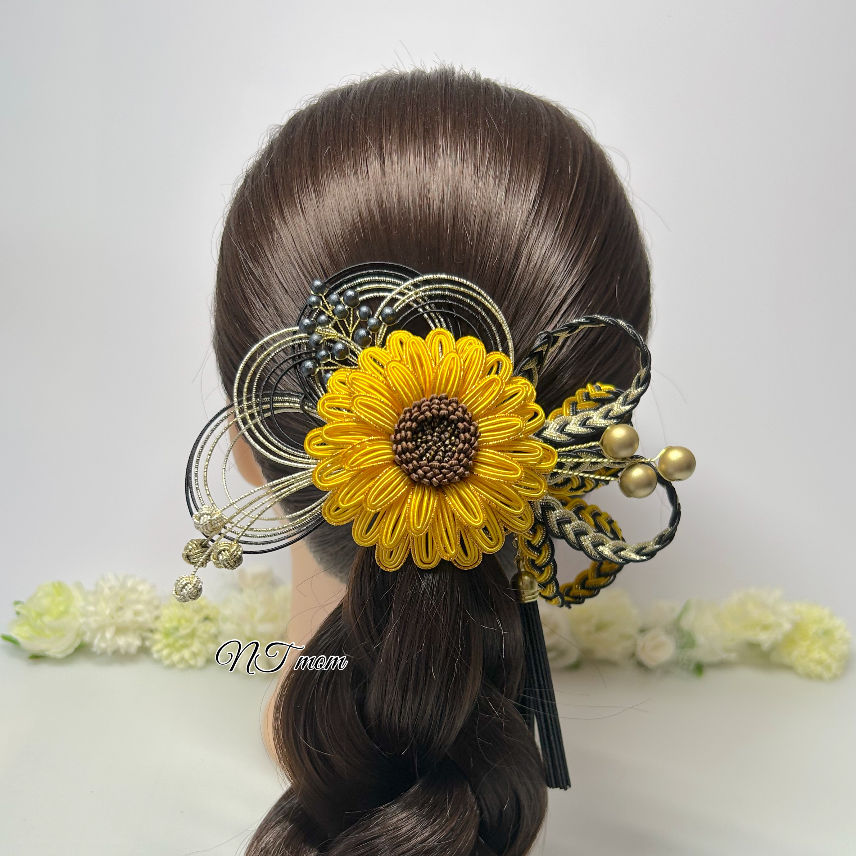 成人式卒業式結婚式・水引髪飾り・向日葵・黒淡金