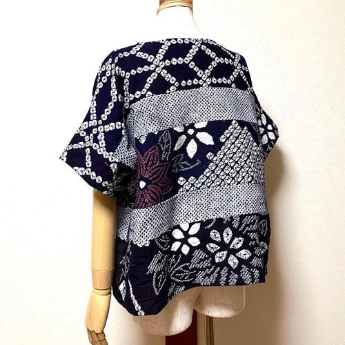 有松絞り 浴衣リメイク パッチワークトップス 着物リメイク