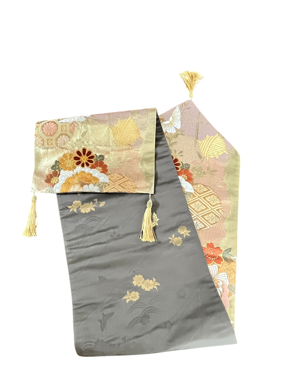 【未使用帯】吉祥花蝶文/高級 西陣袋帯/高島織物謹製/144㎝（56.5in）/正絹/金銀糸/帯リメイクテーブルランナー 9枚目の画像