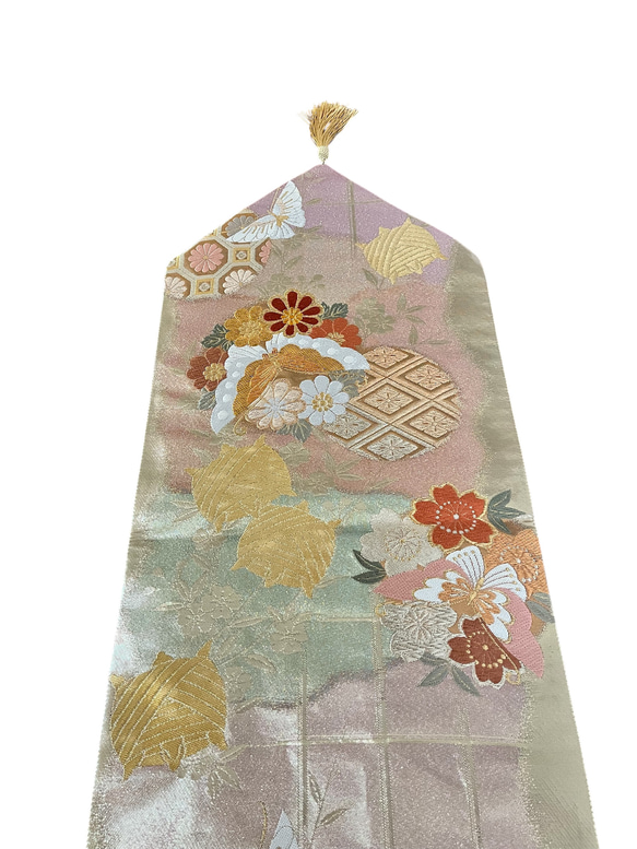 【未使用帯】吉祥花蝶文/高級 西陣袋帯/高島織物謹製/144㎝（56.5in）/正絹/金銀糸/帯リメイクテーブルランナー 6枚目の画像