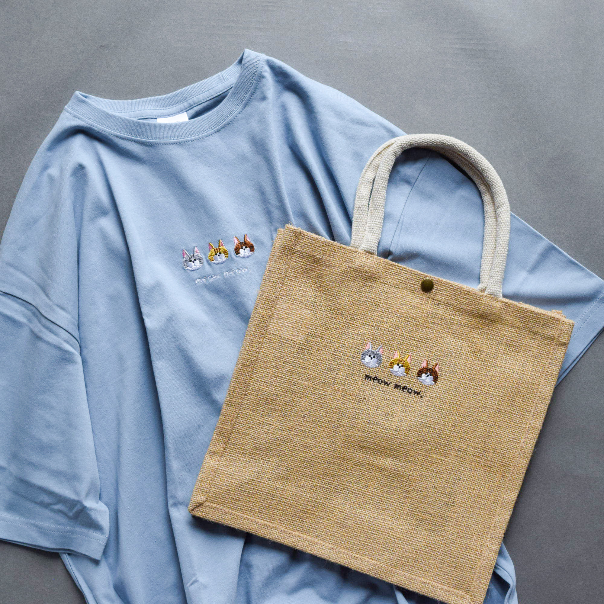 【お得なセット】選べるねこ刺繍Tシャツ&ジュートバッグセット メンズ レディース キッズ ビッグシルエット 親子