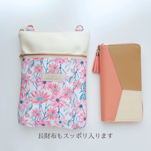 春 サコッシュ 花柄 お出かけ 手ぶら ニゲラ柄 大人ピンク レザー