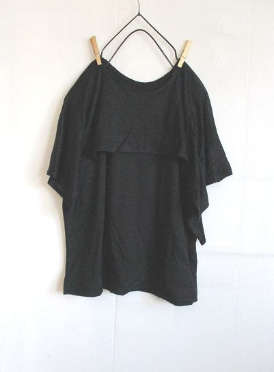 リネン麻１００％　　黒ブラック　中フレンチ袖　ケープ付きカットソー　二の腕カバー