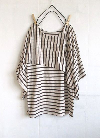 リネン麻１００％　　中フレンチ袖　ケープ付きカットソー　二の腕カバー　生成×こげ茶ボーダー