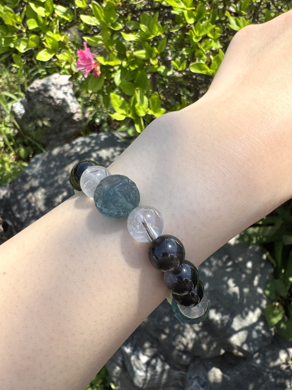 天然石ブレス～強い意思【フローライト、シュードモルフ、オブシディアン】 7枚目の画像