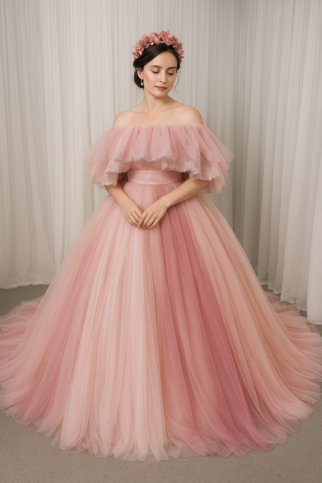 ピンクレインボーカラードレス　キラキラオートクチュール オフショル　ロールカラー　グラデーション　披露宴　色直し 44,785円