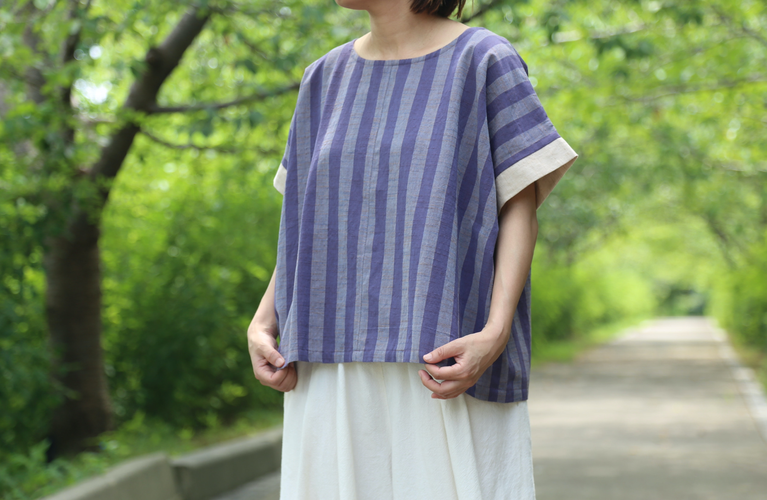 ⚪︎SALE⚪︎会津木綿の色合わせブラウス（半袖）あけび縞