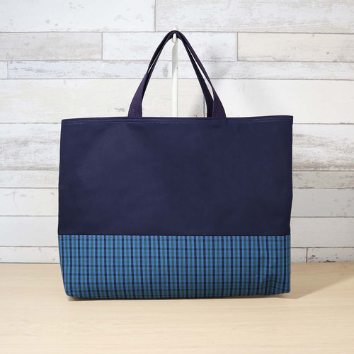 ファミリア風 ブルーグリーンチェック ネイビー マチあり レッスン