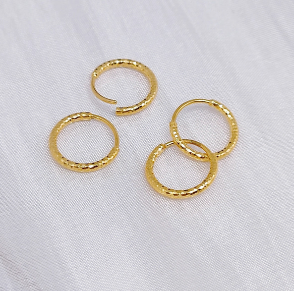 ★★24K★★（両耳）K24純金模様フープピアス24金ピアス24金ダイヤカット サイドカット入り24Kゴールドピアス 7枚目の画像