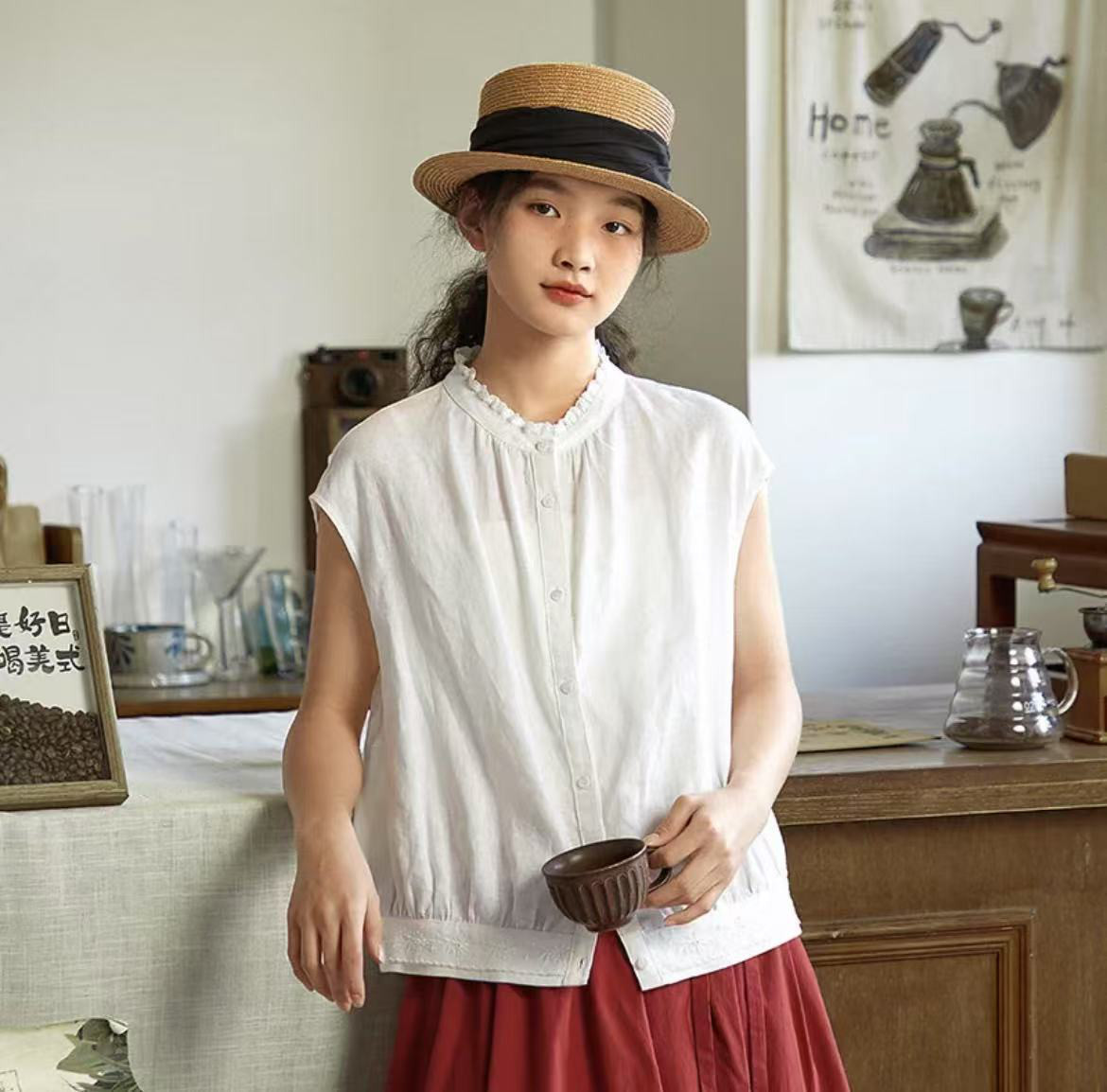 フリルネックブラウス　シャツブラウス　二色