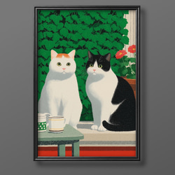 絵画。壁掛け原画【ピアノの部屋の椅子の上の白い猫と美しい花】 絵画。壁掛け絵原画手描き【ヨーロッパ風の椅子と白い猫】01