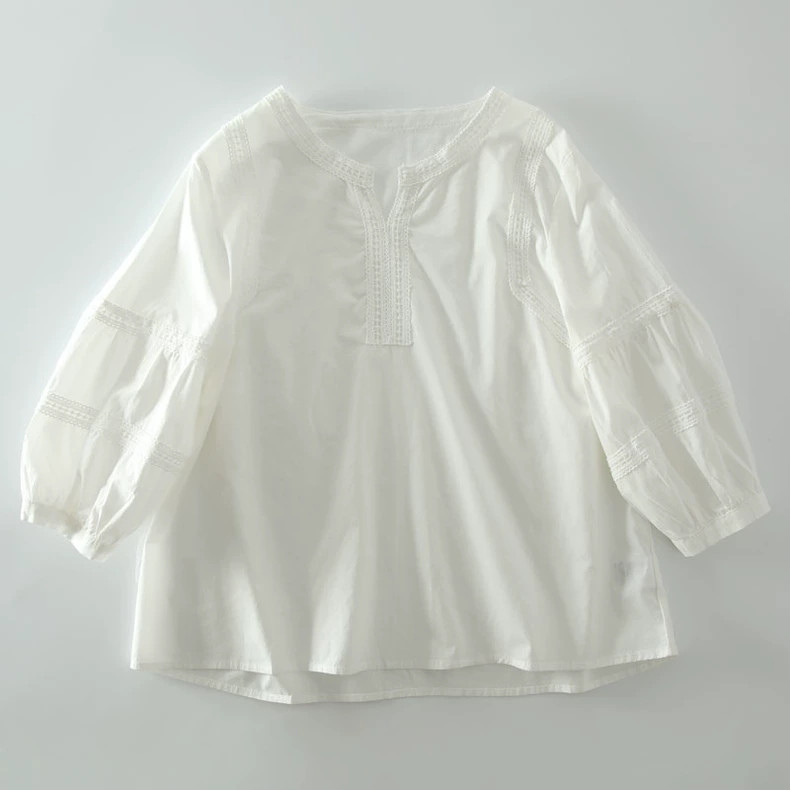 七分袖ブラウス Vネックシャツ コットン100％ レース 夏 白