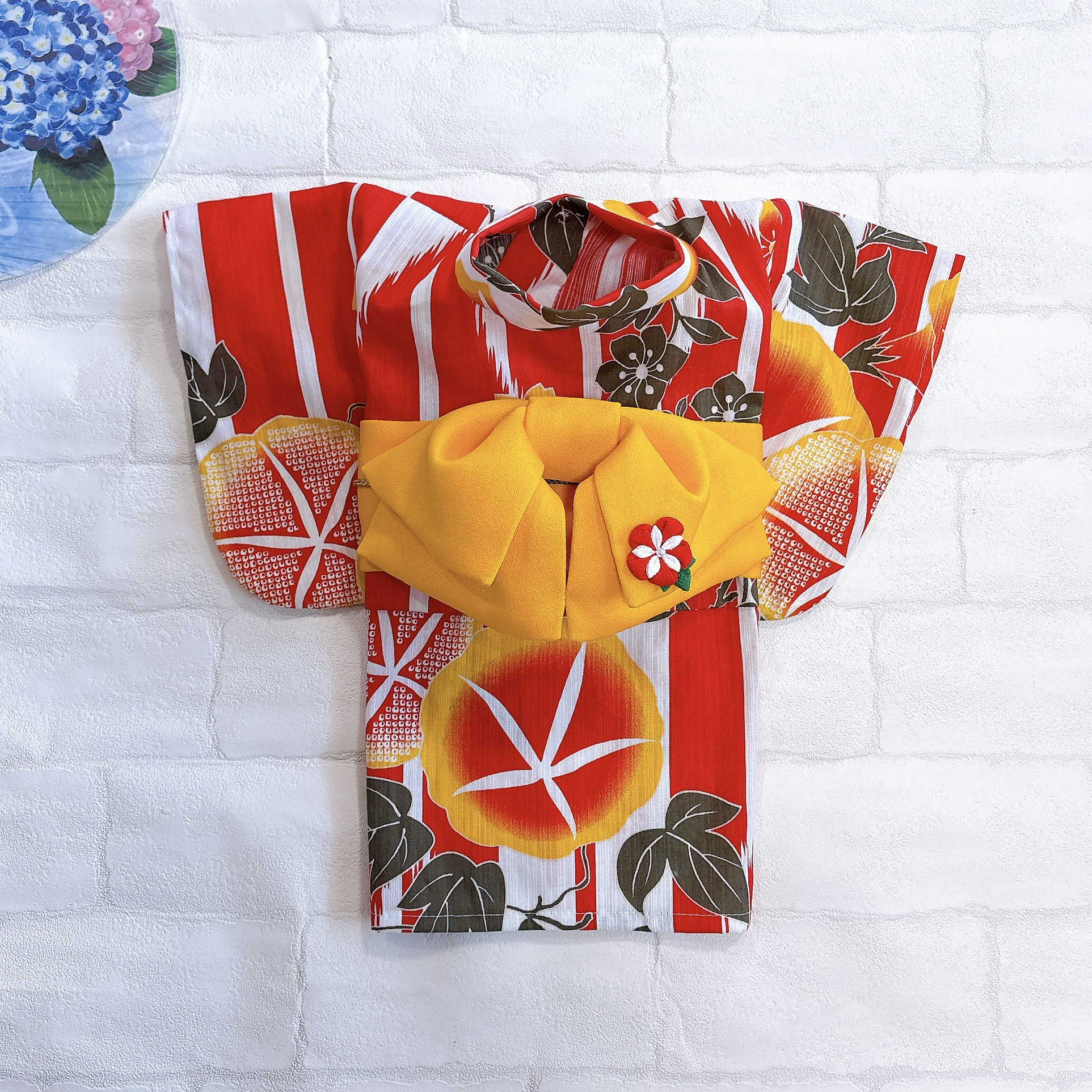 犬の浴衣✨犬用本格浴衣 白×赤朝顔柄 vivi 犬服 ゆかた