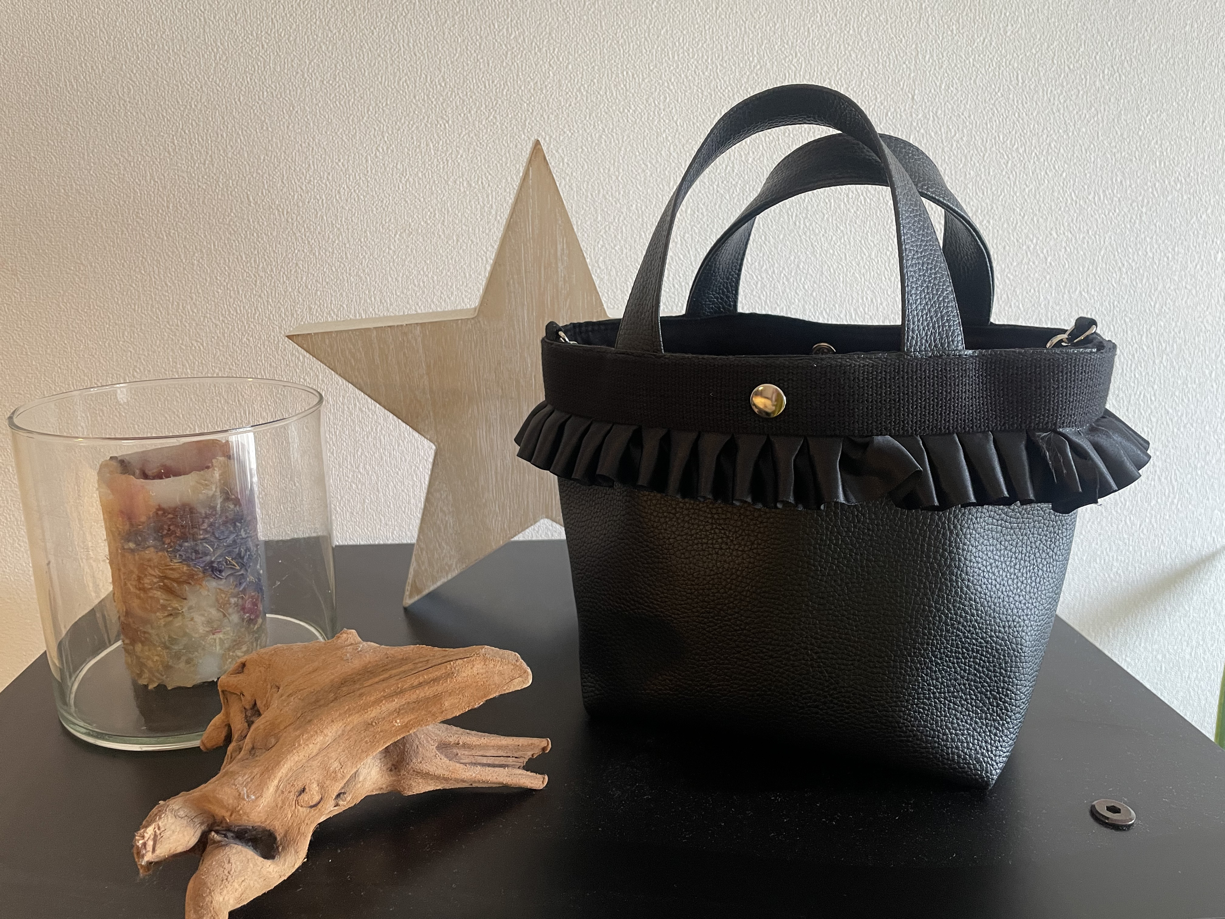 【受注製作】フリルリボントート♪合皮レザートートＭＳサイズ(ブラック)内布color選択OK