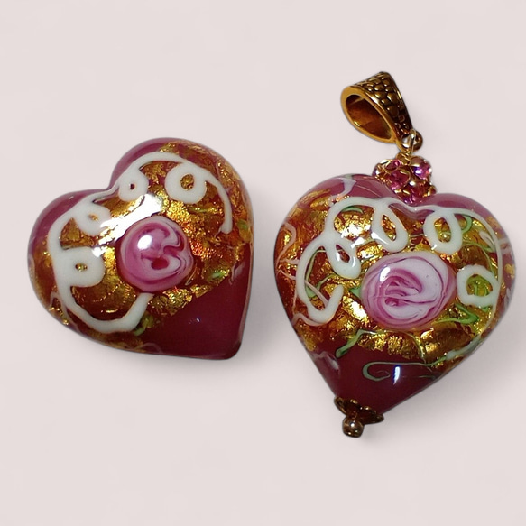 ＜送料無料＞ペンダント作成OP:ベネチアンビーズ　ウエディングケーキハート（ピンク）28mm 1枚目の画像