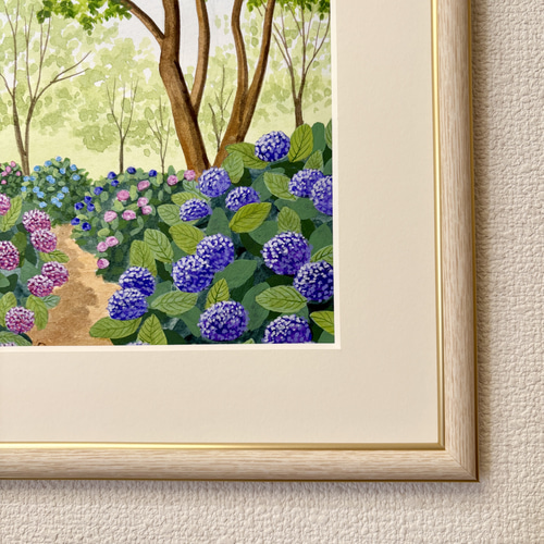 アクリル画　原画　「あじさいの小道02」額縁付　SMサイズ　風景画 あじさいの小道02」アクリル画 原画 風景画 額縁付 SMサイズ