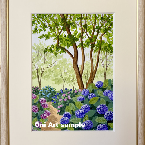 アクリル画　原画　「あじさいの小道02」額縁付　SMサイズ　風景画 あじさいの小道02」アクリル画 原画 風景画 額縁付 SMサイズ