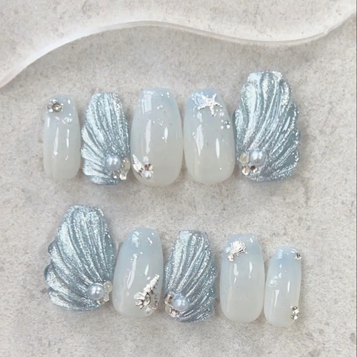 マーメイドネイル 貝殻 夏 ニュアンス ブルー 青 フレンチガーリー