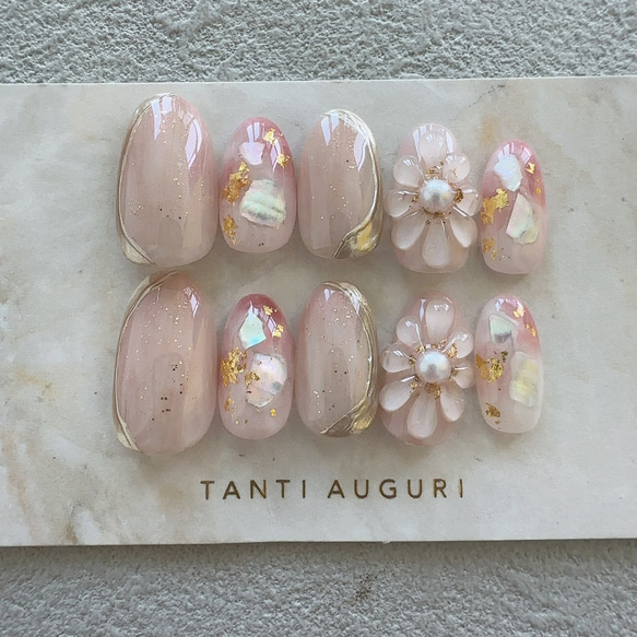 可愛い ピンク ネイルチップ 女子力 ガーリー 3D ぷっくりフラワー 結婚式 成人式 クリア 入学式 卒業式 振り袖 1枚目の画像