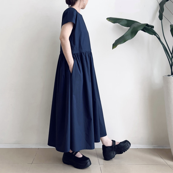 半袖サイドリボンワンピース　* Cotton素材 Navy * 3枚目の画像