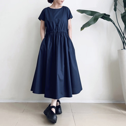 半袖サイドリボンワンピース　* Cotton素材 Navy * 5枚目の画像