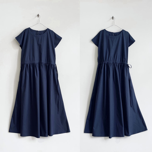 半袖サイドリボンワンピース　* Cotton素材 Navy * 9枚目の画像