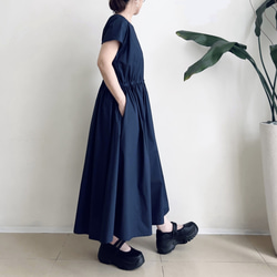 半袖サイドリボンワンピース　* Cotton素材 Navy * 7枚目の画像