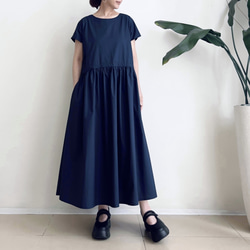 半袖サイドリボンワンピース　* Cotton素材 Navy * 2枚目の画像