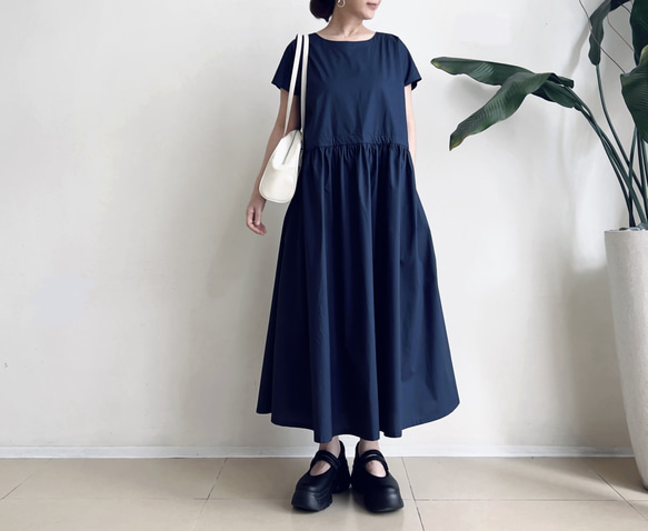 半袖サイドリボンワンピース　* Cotton素材 Navy * 1枚目の画像